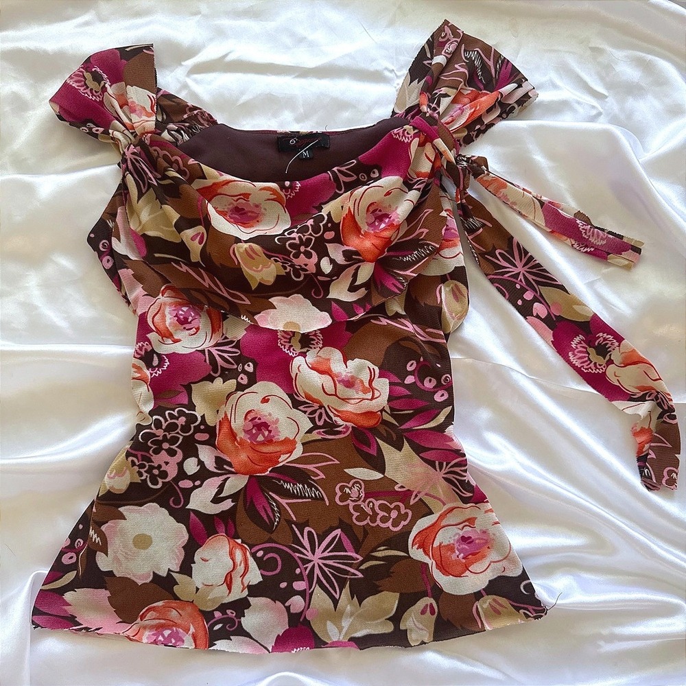 6 Degrees Women Floral Cowl Neck Blouse Brown Pink Orange Shoulder Tie Top M